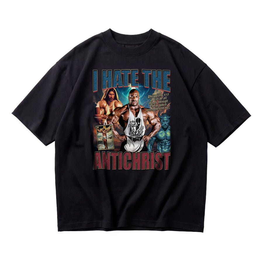 Most Natty I Hate the Antichrist Ronnie Coleman oversized gym t-shirt front flat lay on white background