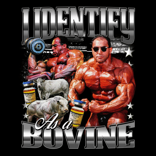 I Identify As A Bovine bootleg-style graphic with Nasser El Sonbaty, tren, cattle, and chrome typography by Most Natty