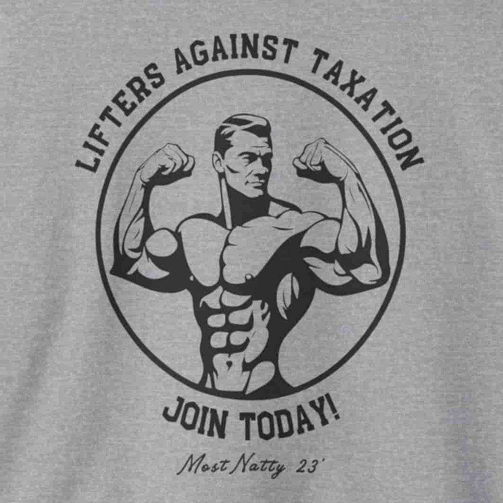 LAT Club Lifters Against Taxation 1940s recruitment poster style illustration with arched text and circular frame by Most Natty