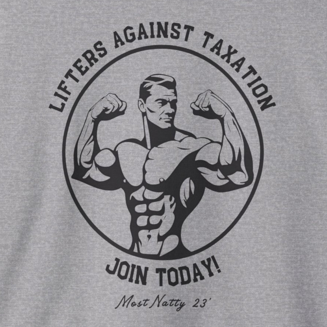 LAT Club Lifters Against Taxation 1940s recruitment poster style illustration with arched text and circular frame by Most Natty