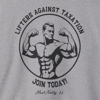 LAT Club Lifters Against Taxation 1940s recruitment poster style illustration with arched text and circular frame by Most Natty