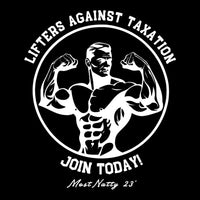 LAT Club Lifters Against Taxation 1940s recruitment poster style illustration with arched text and circular frame with man flexing by Most Natty
