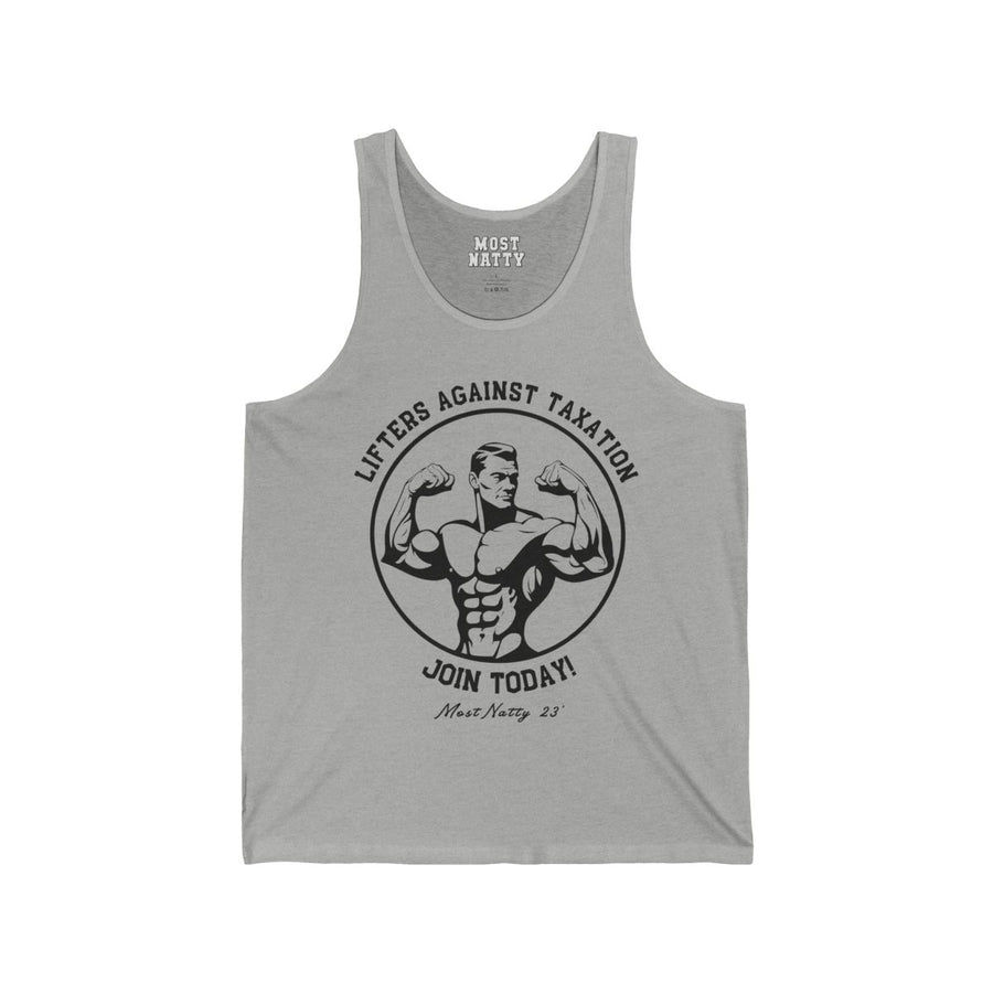 Most Natty LAT Club gym tank top front flat lay on white background