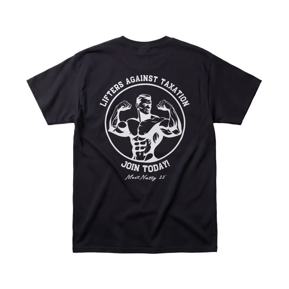 Black gym tee with a graphic design on the back featuring a muscular figure and text that reads 'Lifters Against Taxation'