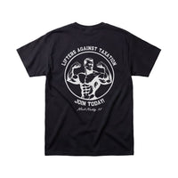 Black gym tee with a graphic design on the back featuring a muscular figure and text that reads 'Lifters Against Taxation'