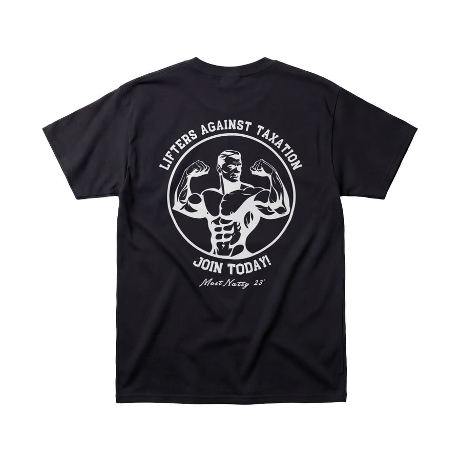 Black gym tee with a graphic design on the back featuring a muscular figure and text that reads 'Lifters Against Taxation'