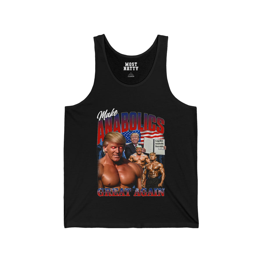 Most Natty Make Anabolics Great Again gym tank top front flat lay on white background