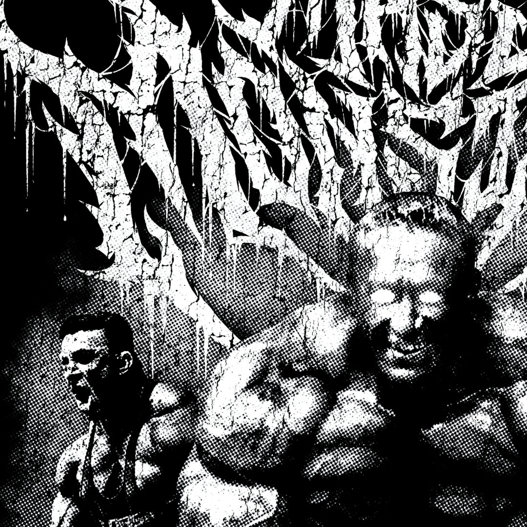 Close-up detail of Markus Ruhl Mass Monster black and white death metal album art style graphic with halftone effect and illegible metal typography showing halftone print texture