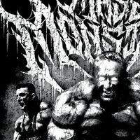 Close-up detail of Markus Ruhl Mass Monster black and white death metal album art style graphic with halftone effect and illegible metal typography showing halftone print texture