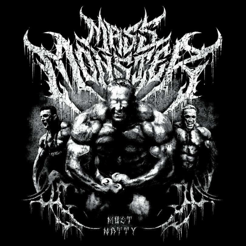 Markus Ruhl Mass Monster black and white death metal album art style graphic with halftone effect and illegible metal typography