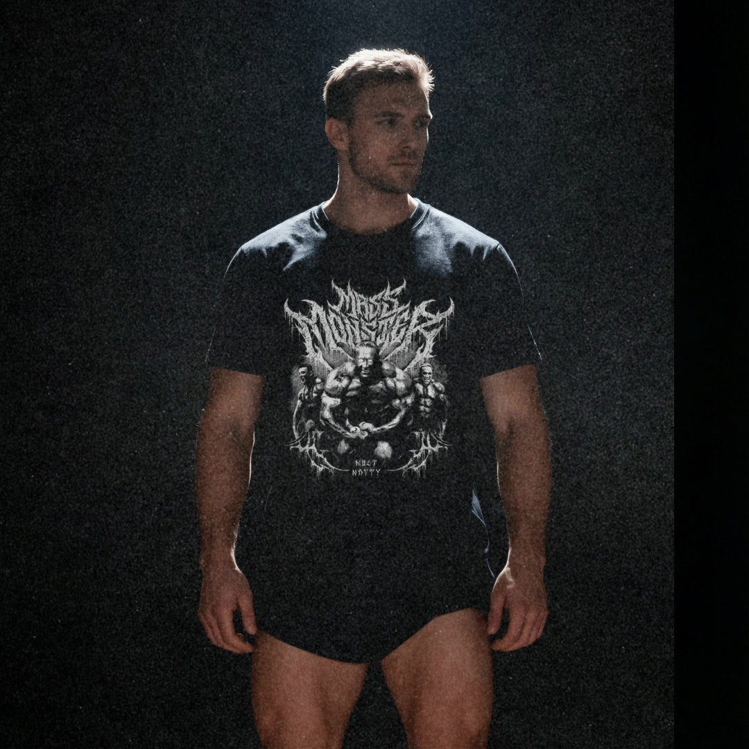 Model wearing Most Natty Mass Monster bodybuilding t-shirt showing relaxed classic fit in a moody setting