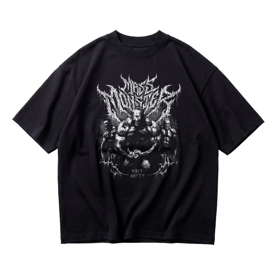 Most Natty Mass Monster oversized gym t-shirt featuring Markus Ruhl, front flat lay on white background