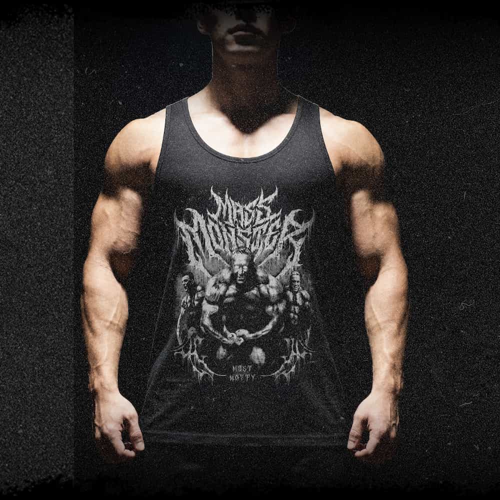 Man wearing the Mass Monster black tank top, a Markus Ruhl tribute graphic in metal album art style