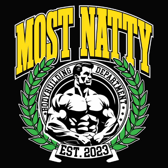 Most Natty College collegiate crest design with laurel wreaths and bodybuilder medallion in yellow green and black by Most Natty