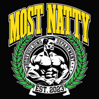 Most Natty College collegiate crest design with laurel wreaths and bodybuilder medallion in yellow green and black by Most Natty