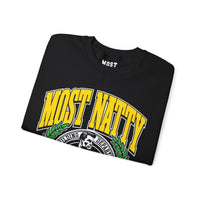 Most Natty College gym pump cover crewneck folded showing black fleece fabric and relaxed fit
