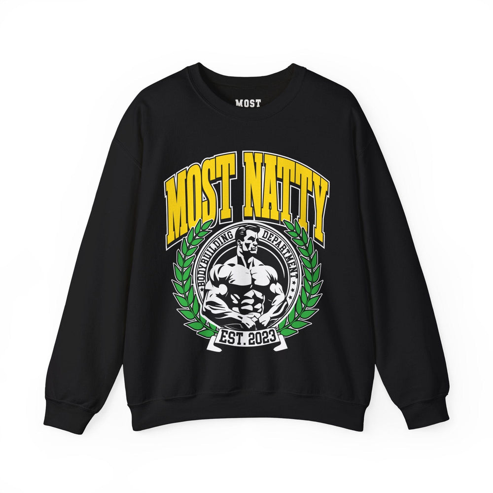 Most Natty College gym pump cover crewneck front flat lay on white background
