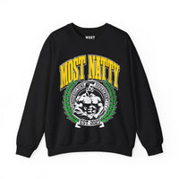 Most Natty College gym pump cover crewneck front flat lay on white background