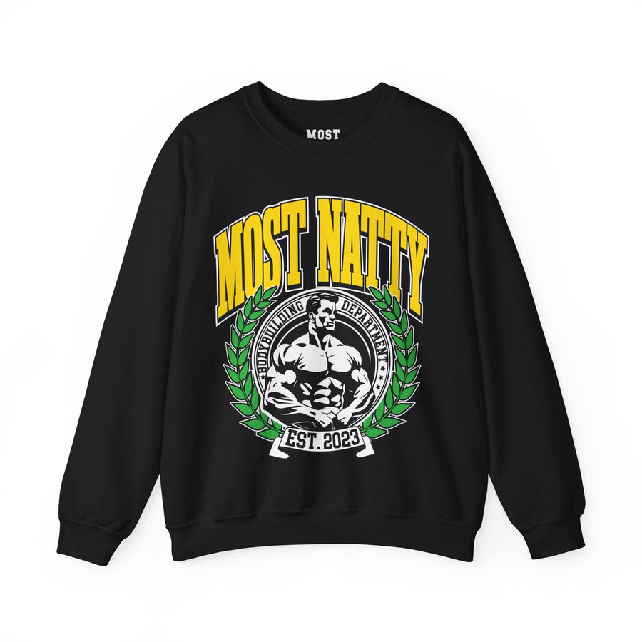 Most Natty College gym pump cover crewneck front flat lay on white background