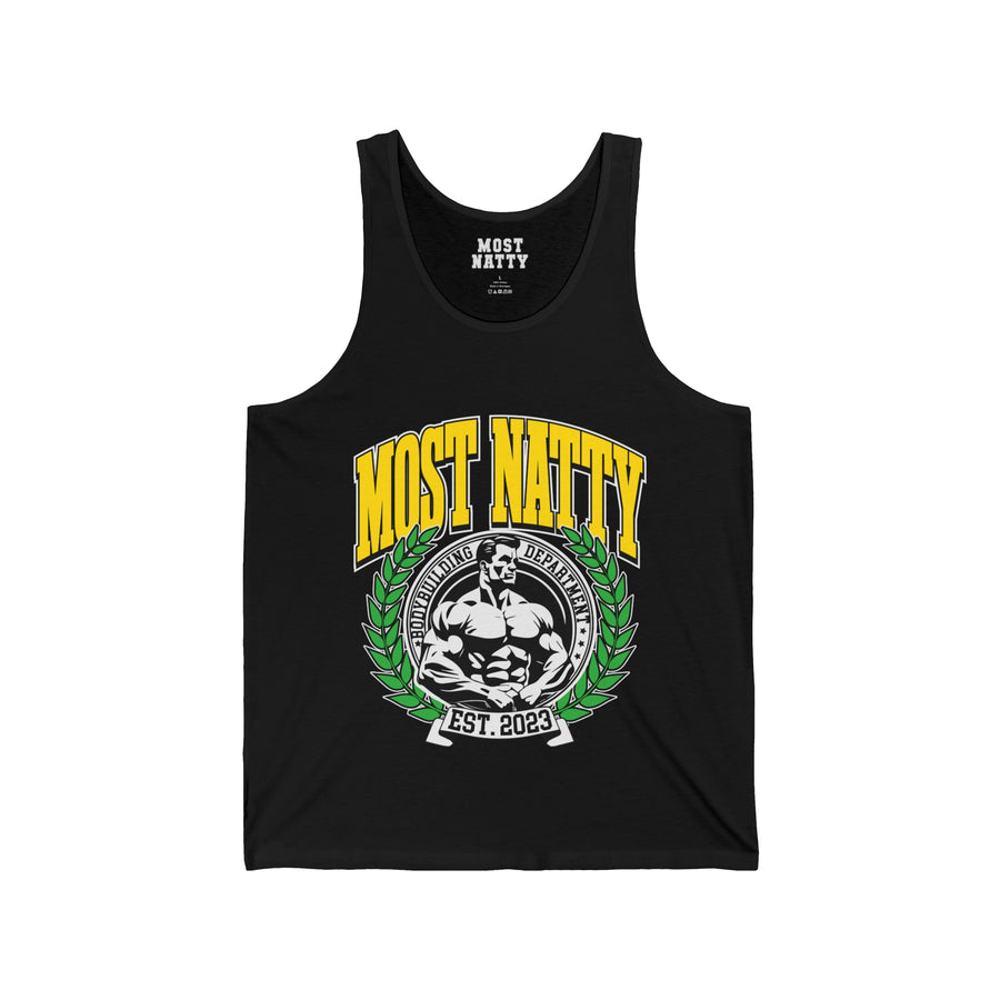 Most Natty Most Natty College gym tank top front flat lay on white background