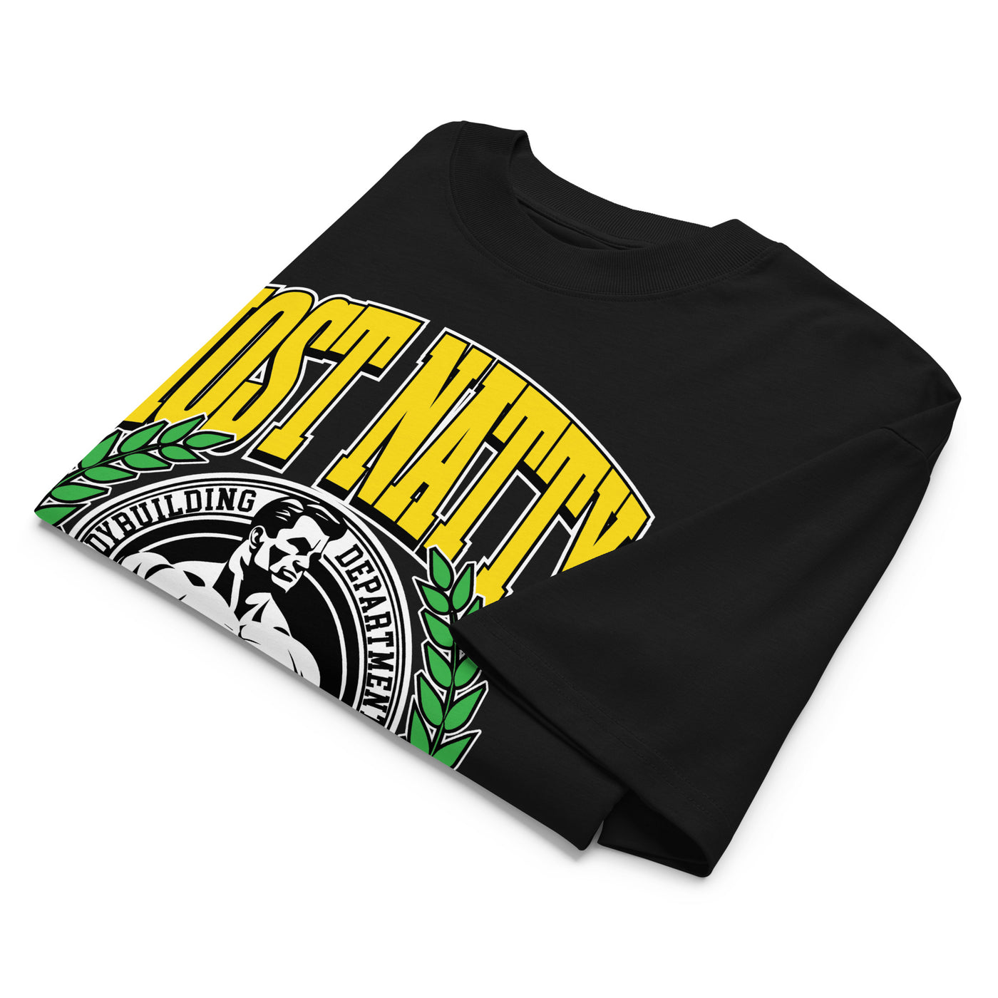 Most Natty Most Natty College oversized gym t-shirt folded showing black garment fabric and drop-shoulder cut