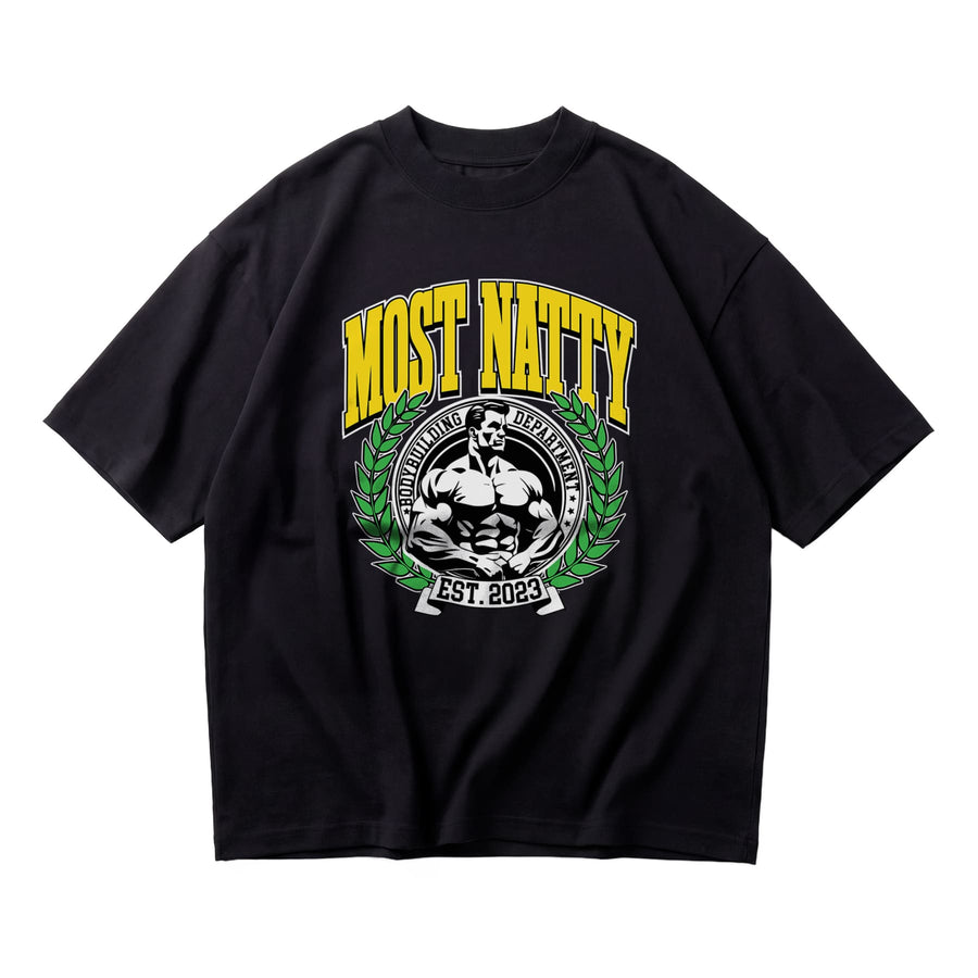 Most Natty Most Natty College oversized gym t-shirt front flat lay on white background