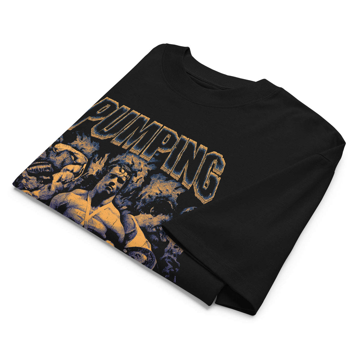 Most Natty Pumping Iron oversized gym t-shirt folded showing black garment fabric and drop-shoulder cut