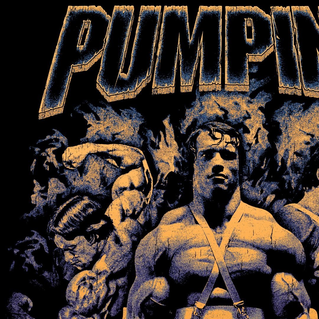 Close-up detail of Arnold Schwarzenegger Pumping Iron vintage tribute design with cracked and worn texture treatment showing cracked vintage print texture