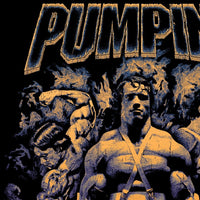 Close-up detail of Arnold Schwarzenegger Pumping Iron vintage tribute design with cracked and worn texture treatment showing cracked vintage print texture