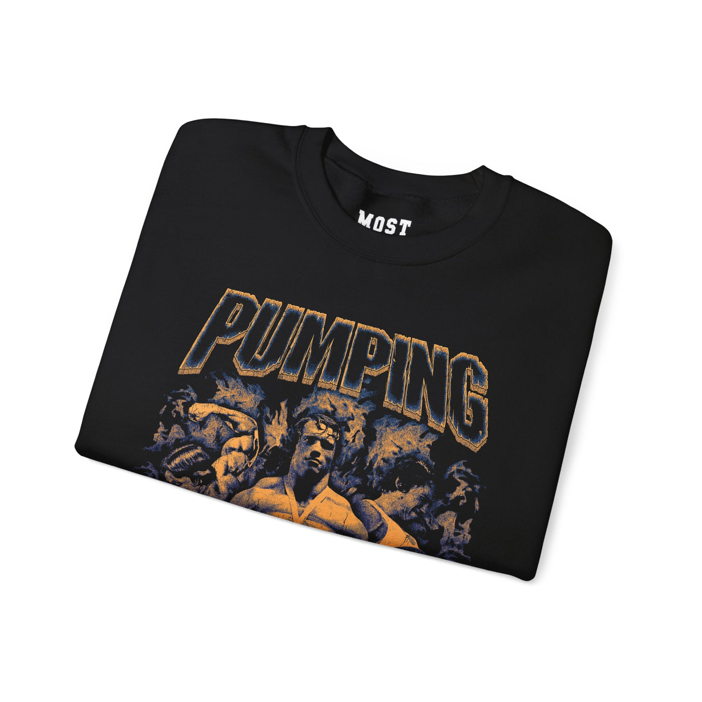 Arnold Schwarzenegger Pumping Iron gym pump cover crewneck folded showing black fleece fabric and relaxed fit