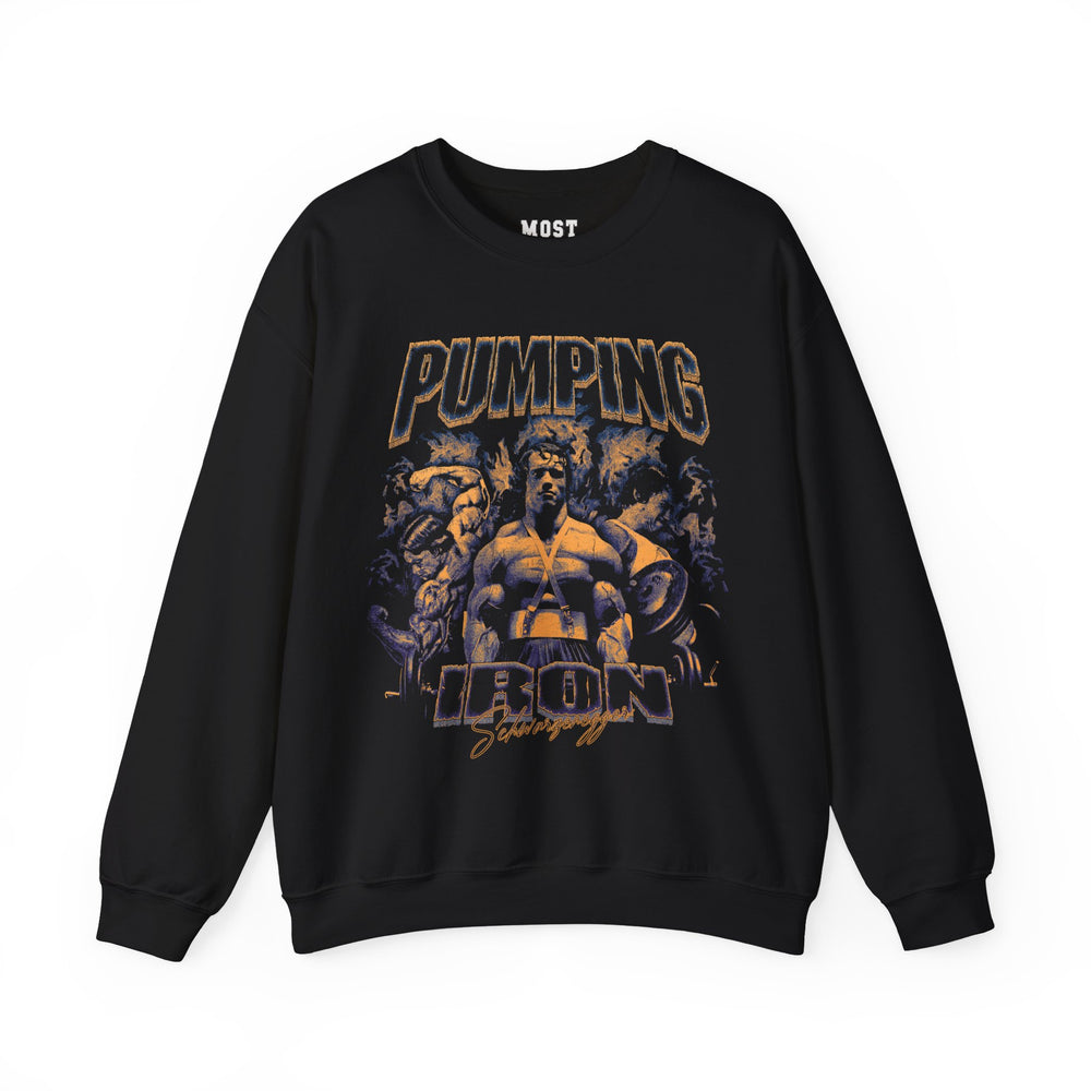 Arnold Schwarzenegger Pumping Iron gym pump cover crewneck front flat lay on white background