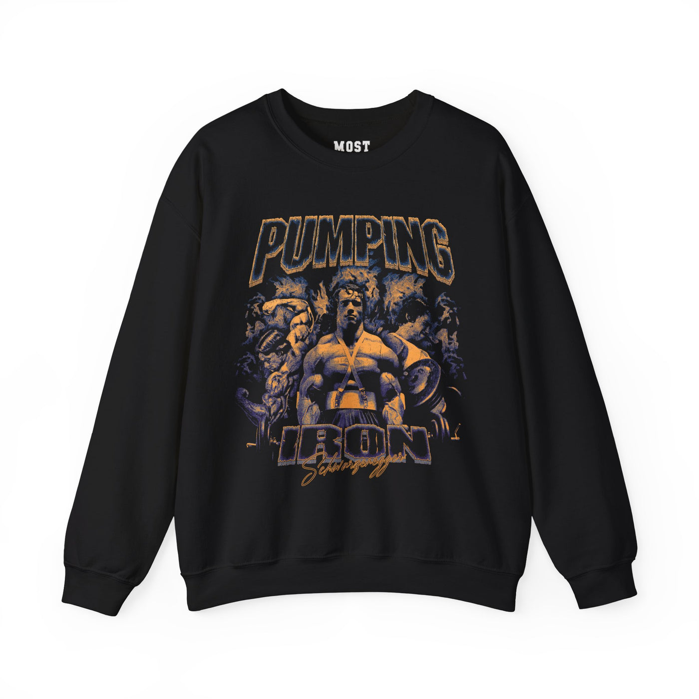 Arnold Schwarzenegger Pumping Iron gym pump cover crewneck front flat lay on white background