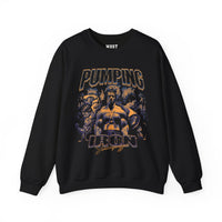 Arnold Schwarzenegger Pumping Iron gym pump cover crewneck front flat lay on white background