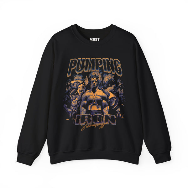 Arnold Schwarzenegger Pumping Iron gym pump cover crewneck front flat lay on white background
