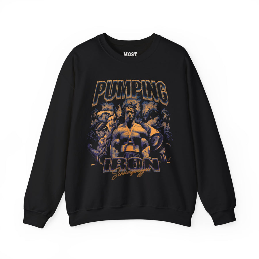 Arnold Schwarzenegger Pumping Iron gym pump cover crewneck front flat lay on white background