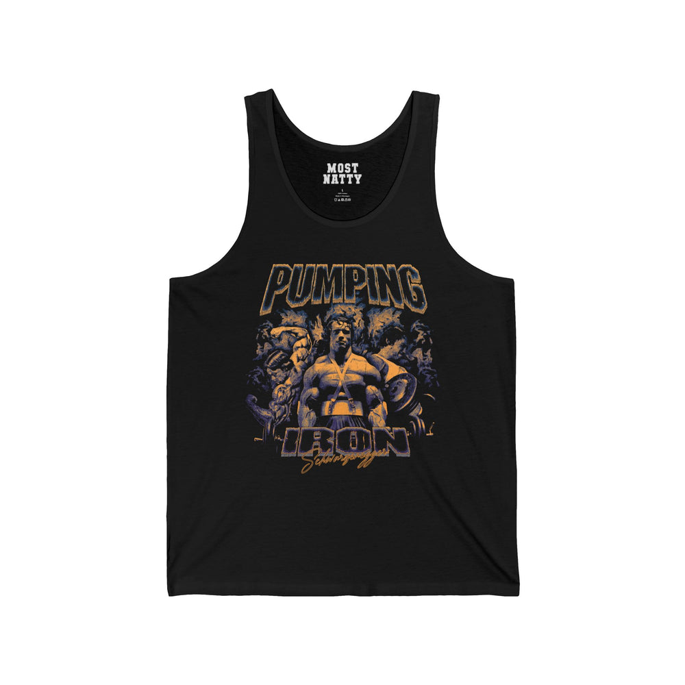 Most Natty Pumping Iron gym tank top front flat lay on white background