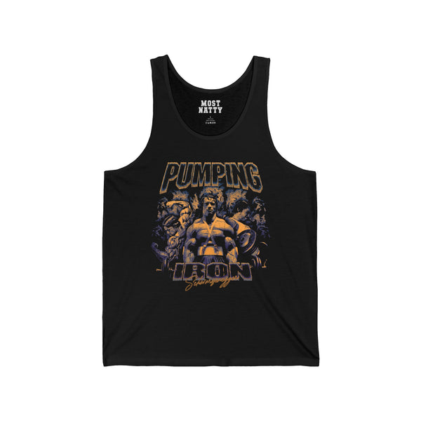 Most Natty Pumping Iron gym tank top front flat lay on white background