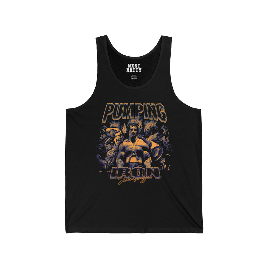 Most Natty Pumping Iron gym tank top front flat lay on white background