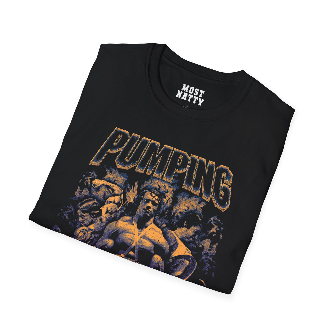 Most Natty Pumping Iron gym t-shirt folded showing black garment fabric and classic fit