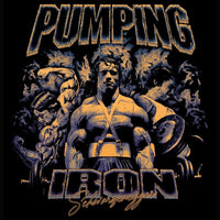 Arnold Schwarzenegger Pumping Iron vintage tribute design with cracked and worn texture treatment
