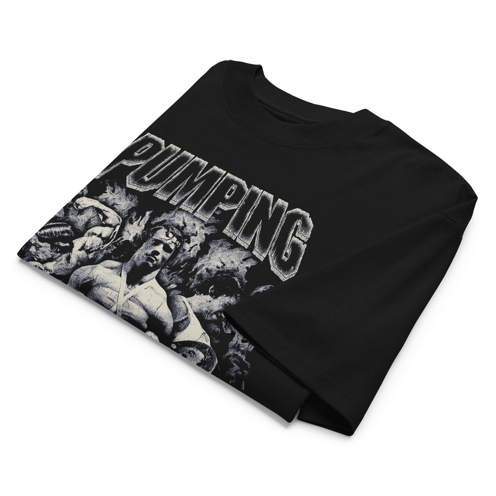 Most Natty Pumping Iron oversized gym t-shirt folded showing black garment fabric and drop-shoulder cut