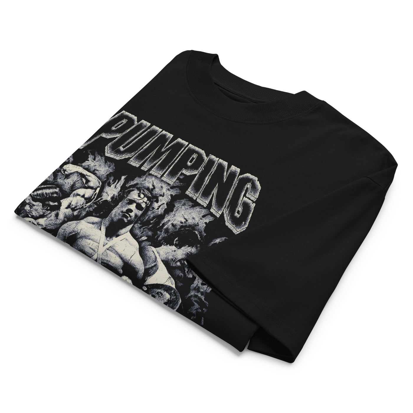 Most Natty Pumping Iron oversized gym t-shirt folded showing black garment fabric and drop-shoulder cut