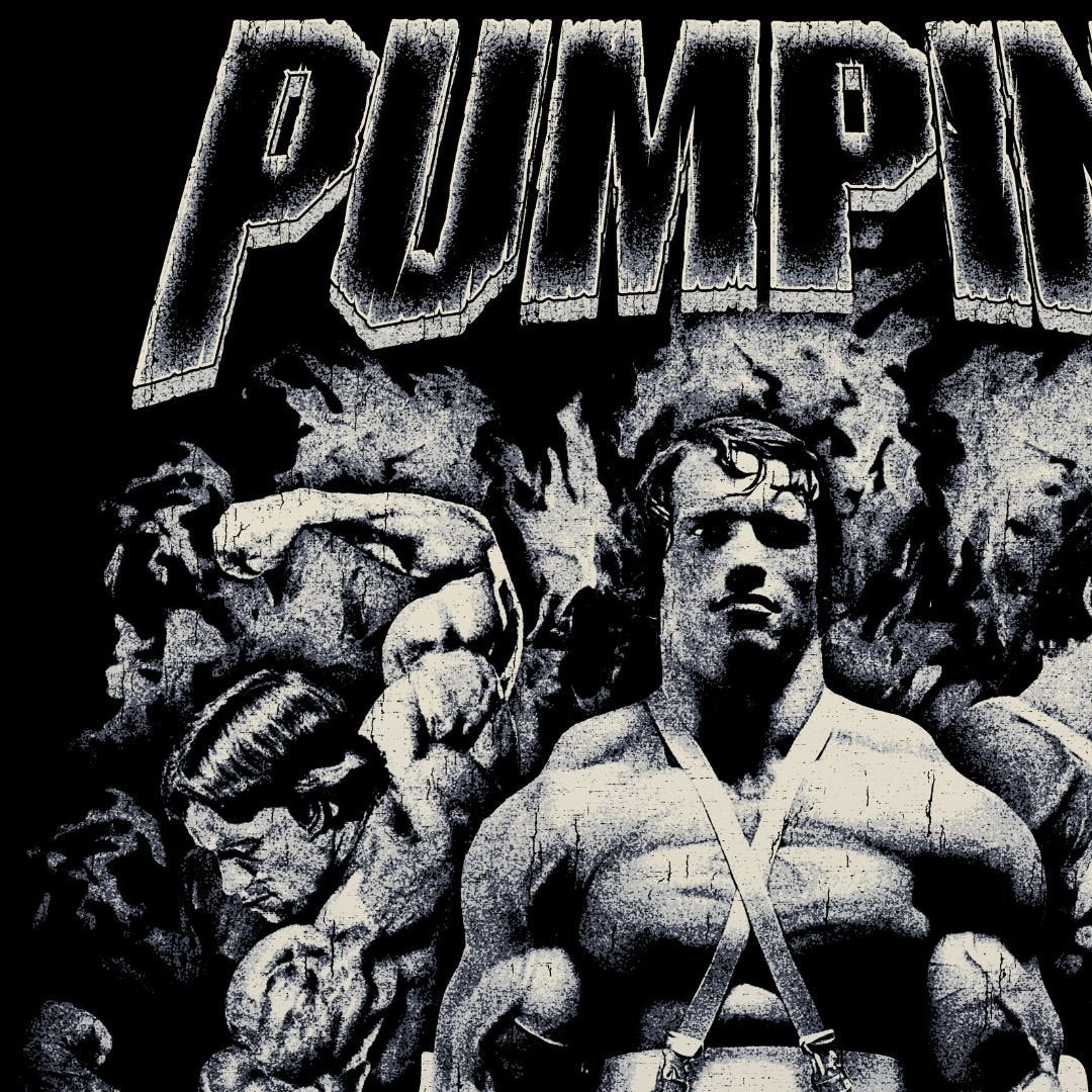Close-up detail of Arnold Schwarzenegger Pumping Iron vintage tribute with cracked and worn texture treatment showing cracked vintage print texture