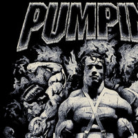 Close-up detail of Arnold Schwarzenegger Pumping Iron vintage tribute with cracked and worn texture treatment showing cracked vintage print texture