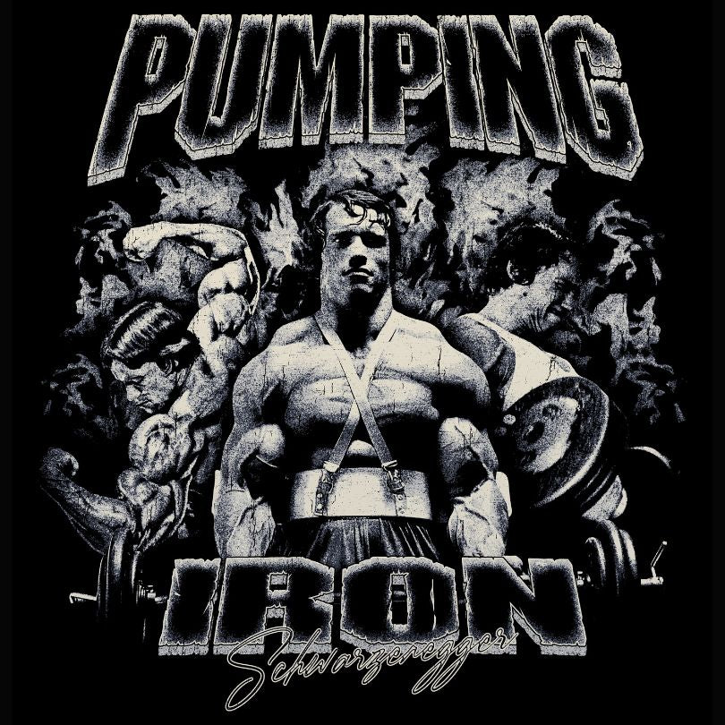 Grey Arnold Schwarzenegger Pumping Iron vintage tribute with cracked and worn texture treatment by Most Natty