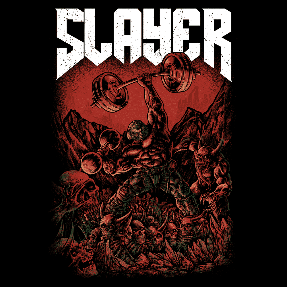 Slayer illustrated Doom-inspired graphic with barbells-and-demons composition in deep red and black with SLAYER in distressed block letters by Most Natty
