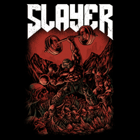 Slayer illustrated Doom-inspired graphic with barbells-and-demons composition in deep red and black with SLAYER in distressed block letters by Most Natty