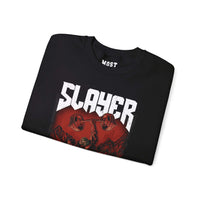 Slayer gym pump cover crewneck folded showing black fleece fabric and relaxed fit