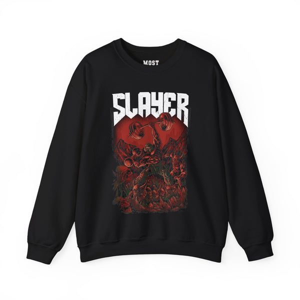 Slayer doom gym pump cover crewneck front flat lay on white background