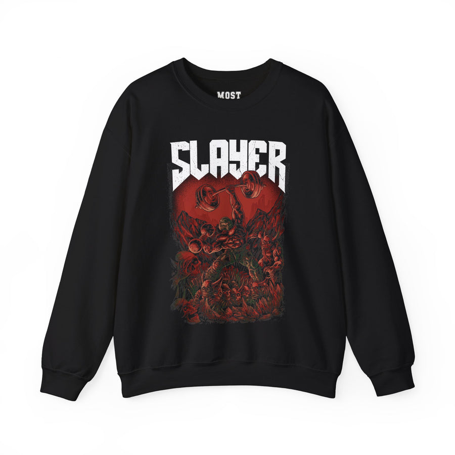 Slayer doom gym pump cover crewneck front flat lay on white background